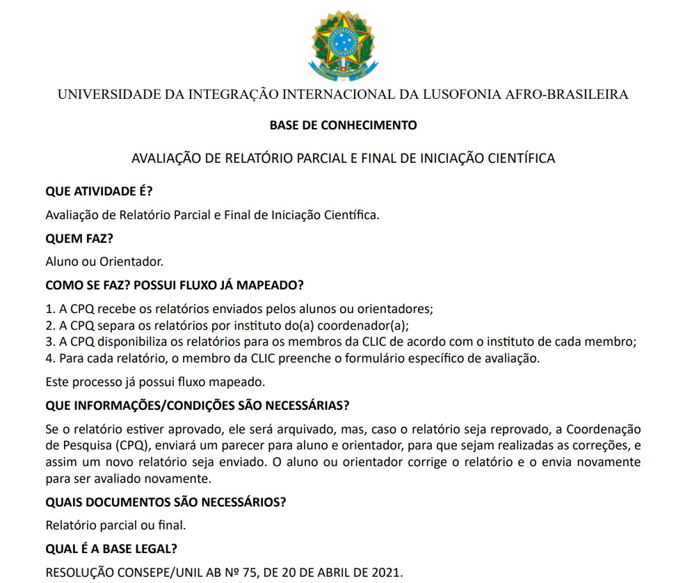 Avaliação de Relatório Parcial e Final de Iniciação Científica