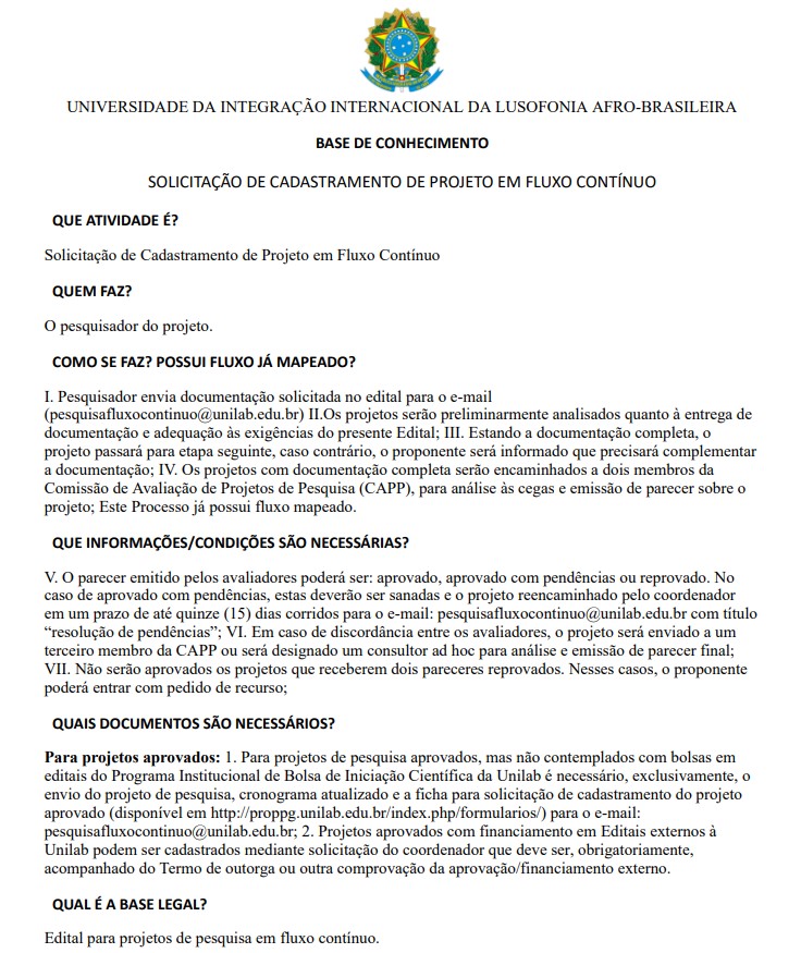 Cadastramento de Projeto em Fluxo Contínuo