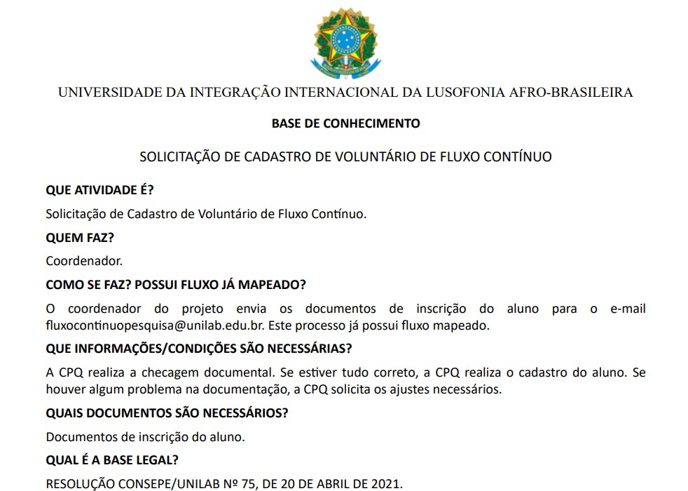Cadastro de Voluntário de Fluxo Contínuo