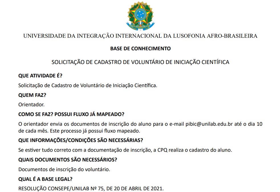 Cadastro de Voluntário de Iniciação Científica