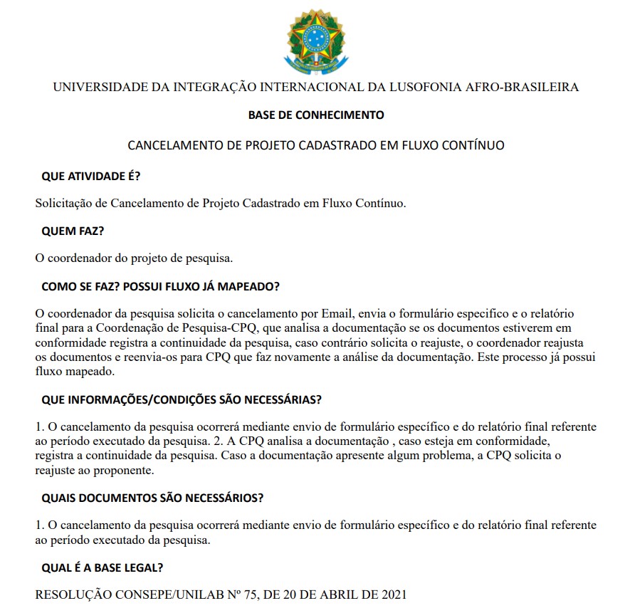 Cancelamento de Projeto Cadastrado em Fluxo Contínuo