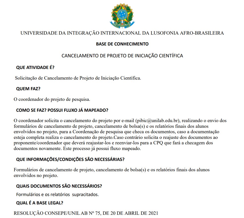 Cancelamento de Projeto de Iniciação Científica