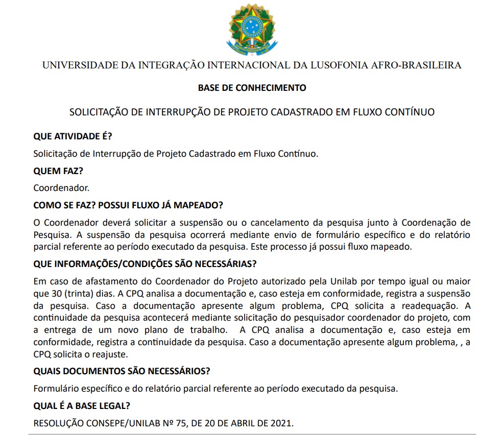 Interrupção de Projeto Cadastrado em Fluxo Contínuo