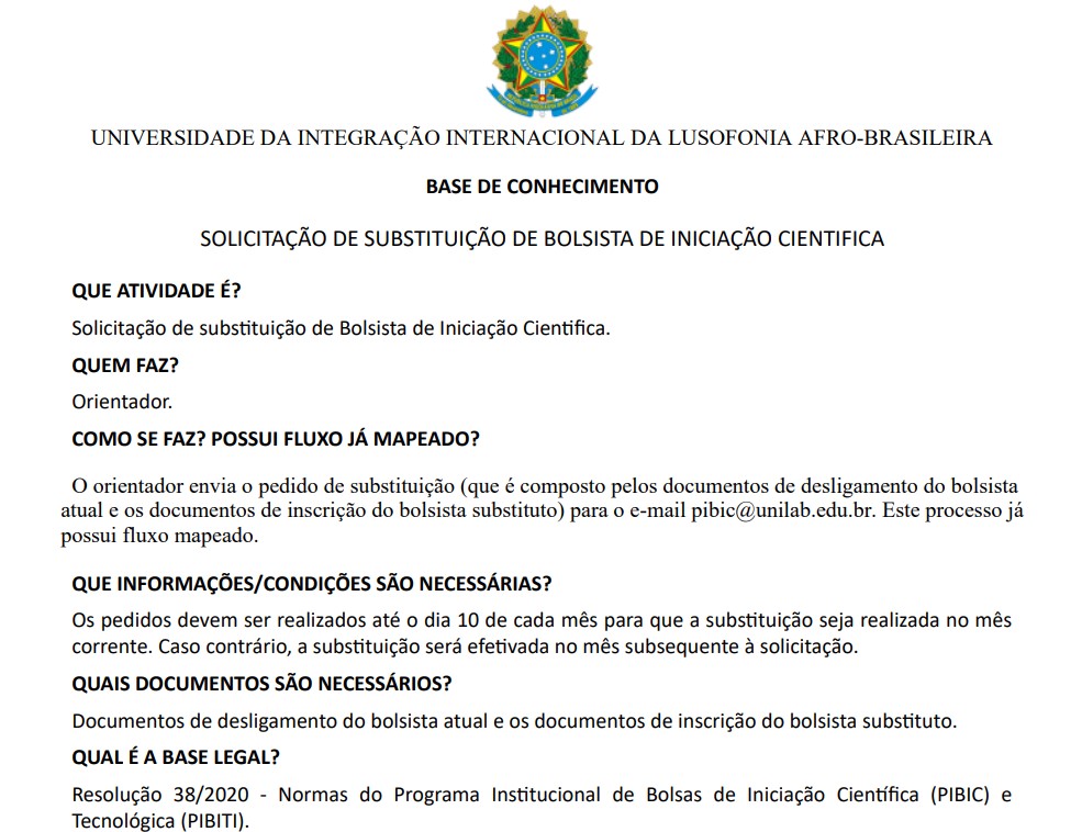 Substituição de Bolsista de Iniciação Cientifica