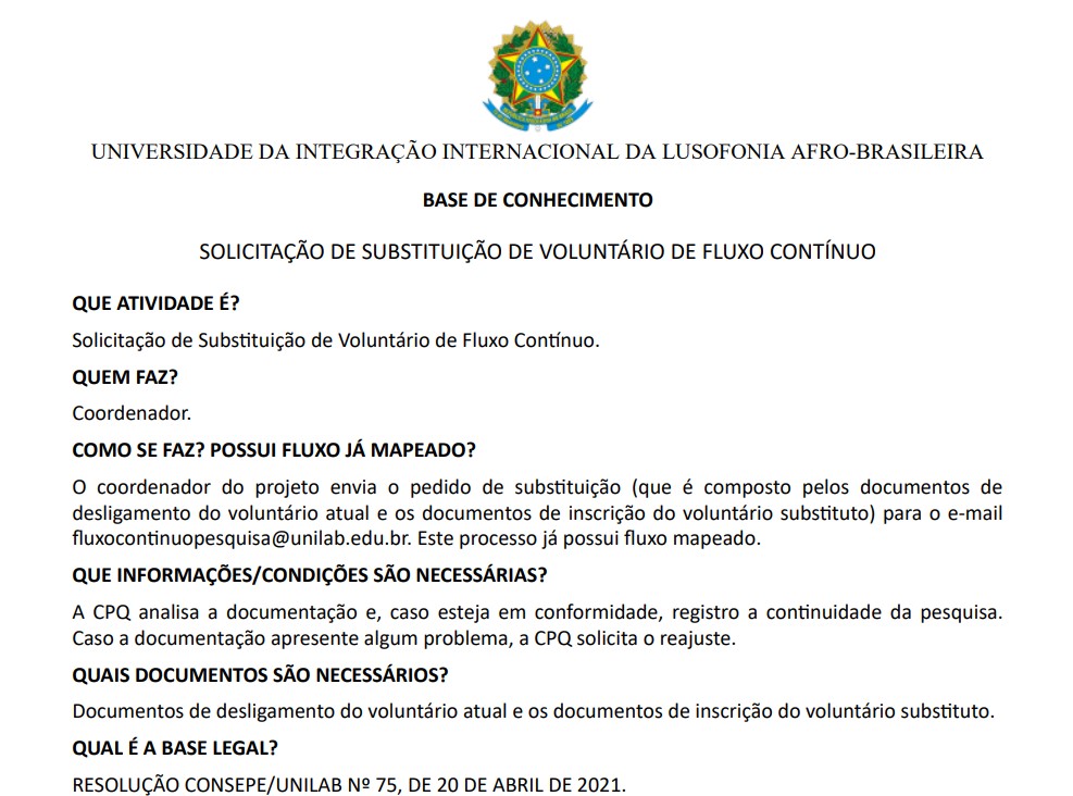 Substituição de Voluntário de Fluxo Contínuo
