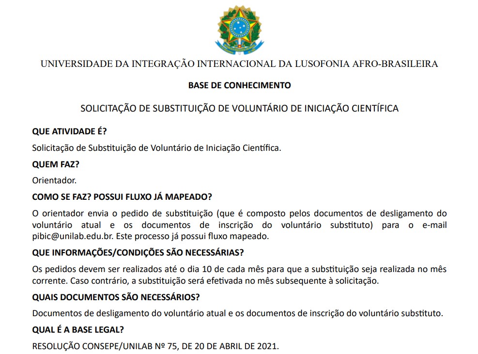 Substituição de Voluntário de Iniciação Científica
